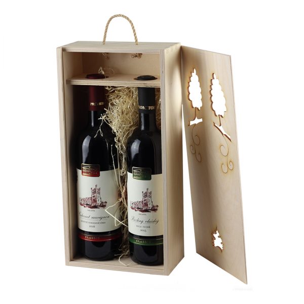 Drevenná kazeta na 2 fľaše vína, zatvorená, otvor v tvare lístkov, Promitor Vinorum | regioWine